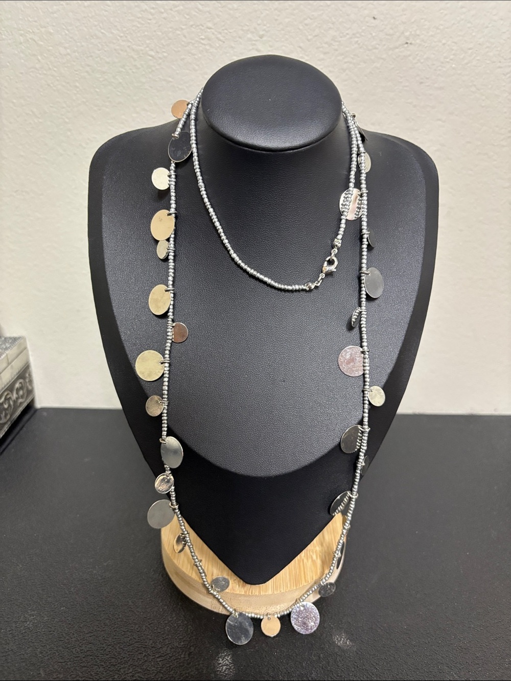 Boho Long Silver Tone Disc Layered Necklace - Women Jewelry